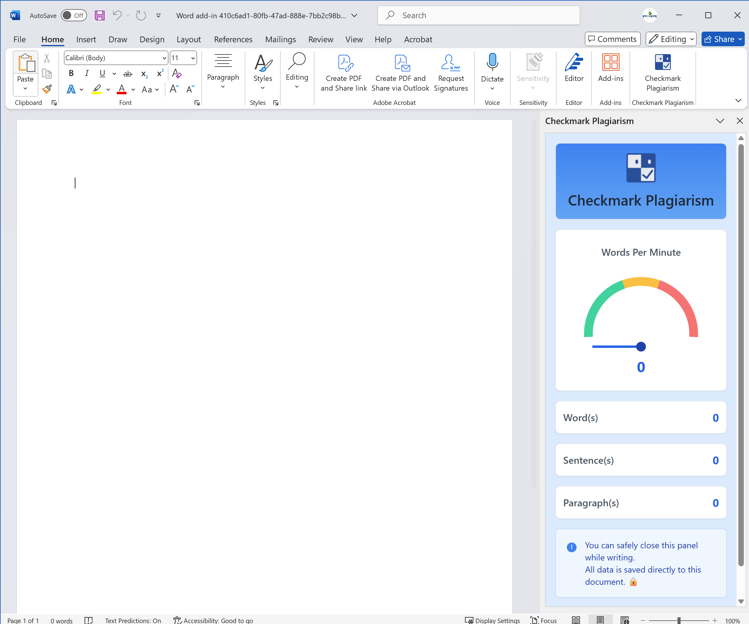 Checkmark Plagiarism Office Add-in Interface