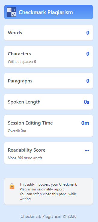 Checkmark Plagiarism Add-in Interface in Microsoft Word